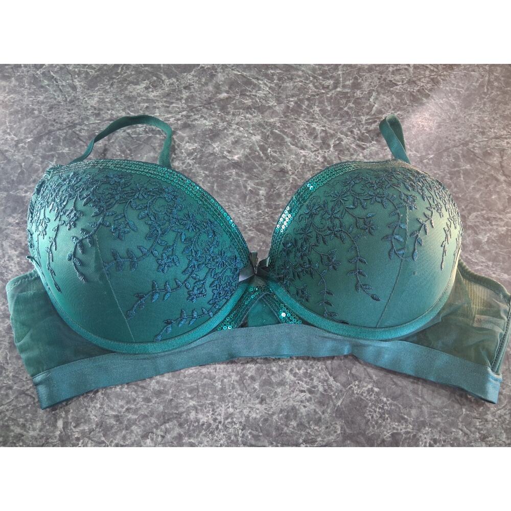 DREAM GIRL BRA Size XL Emerald Green Sequin Bling Padded Push Up Sexy Fun Flirty